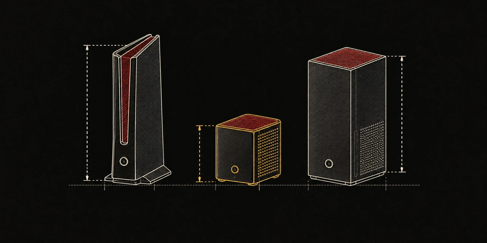Three plain, unbranded game consoles standing side by side on a measured baseline.
