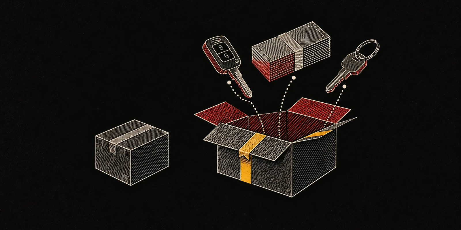 Two boxes side by side: a small closed one, and a larger open one with a car key, banknotes and a house key lifting out of it.